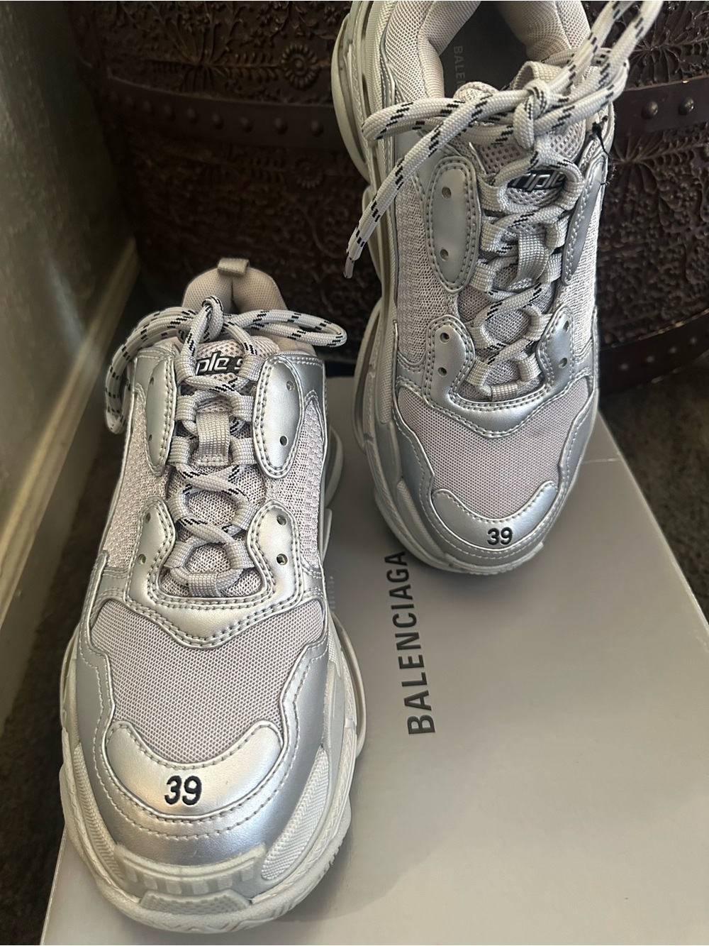 Balenciaga Silver and Light Gray Triple S Style Sneakers